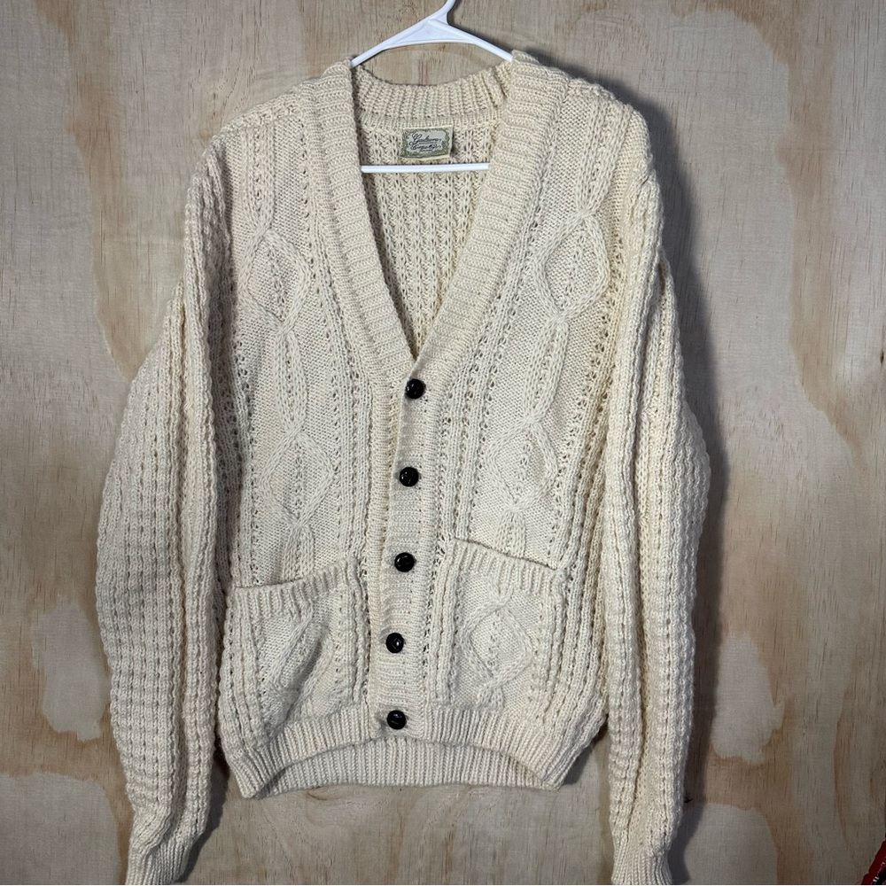 Vtg Gaeltarra Irish Hand Loomed Wool Aran Sweater Chunky Cable Knit Button 44 XL